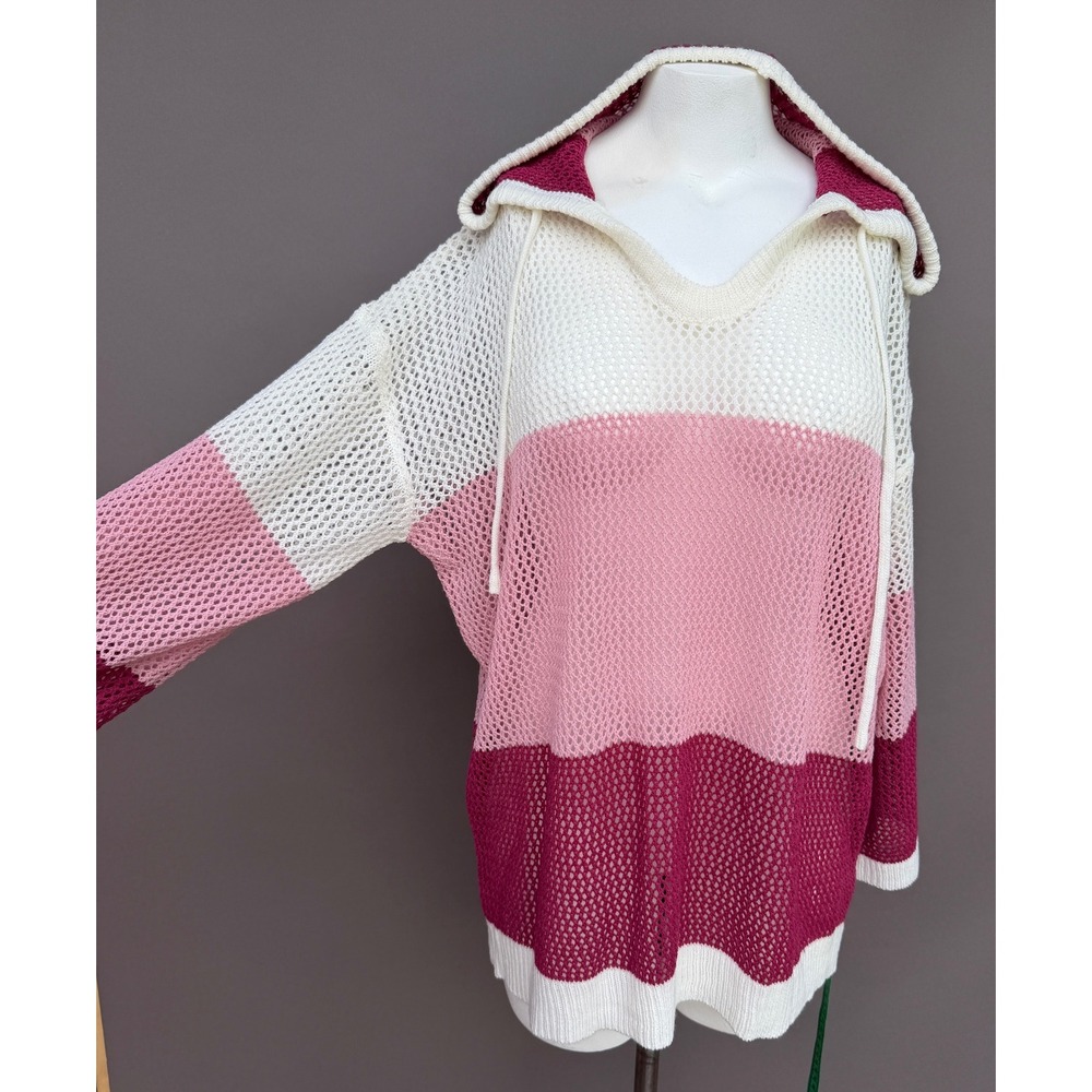 Bloomchic Pink Colorblock Fishnet Knit Hoodie Size 14-16 XL Boho Mesh Coverup